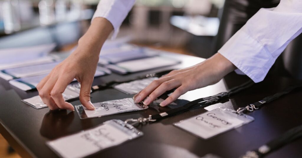 Close-up of hands arranging name tags on a conference table, preparing for a corporate event.